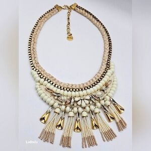 STELLA & DOT Gold-toned‎ and Cream Statement Beaded Tassel Necklace